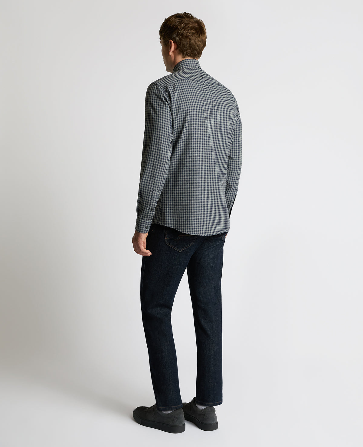 Man wearing a grey Tapered Fit Cotton-Blend Print Shirt