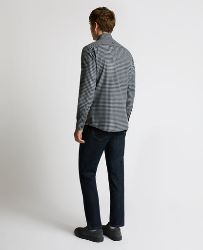 Man wearing a grey Tapered Fit Cotton-Blend Print Shirt