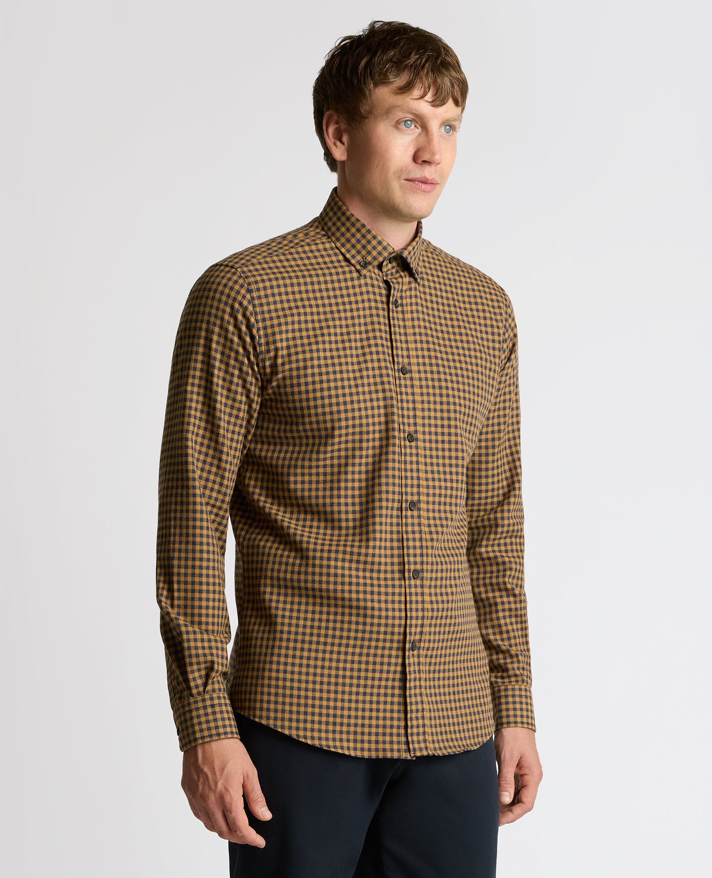 Man wearing a orange Tapered Fit Cotton-Blend Print Shirt