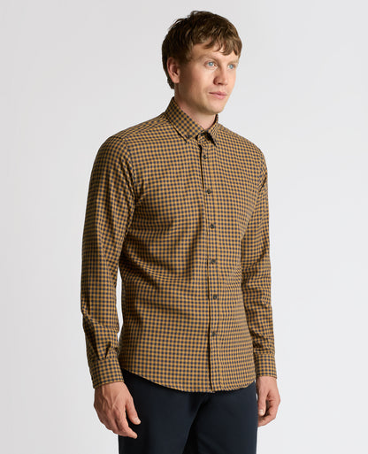 Man wearing a orange Tapered Fit Cotton-Blend Print Shirt