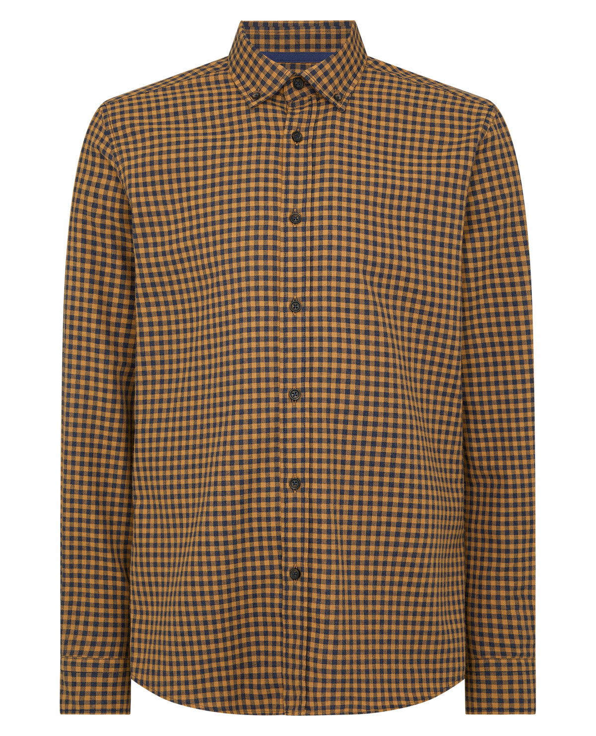 Man wearing a orange Tapered Fit Cotton-Blend Print Shirt