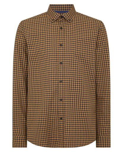 Man wearing a orange Tapered Fit Cotton-Blend Print Shirt