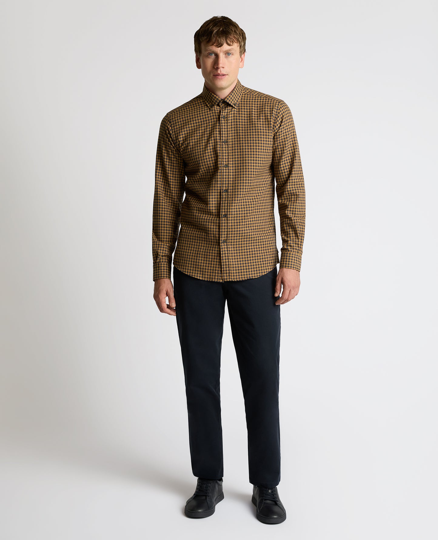 Man wearing a orange Tapered Fit Cotton-Blend Print Shirt