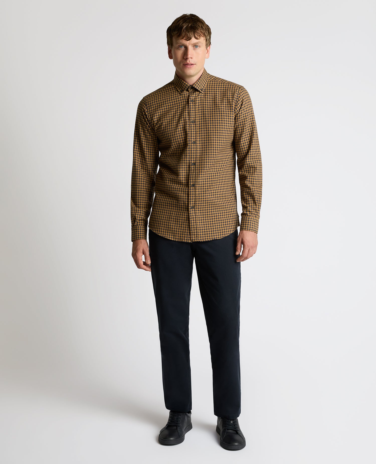 Man wearing a orange Tapered Fit Cotton-Blend Print Shirt