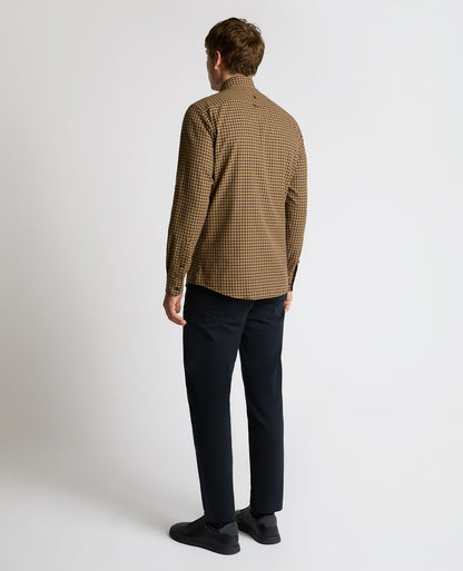 Man wearing a orange Tapered Fit Cotton-Blend Print Shirt