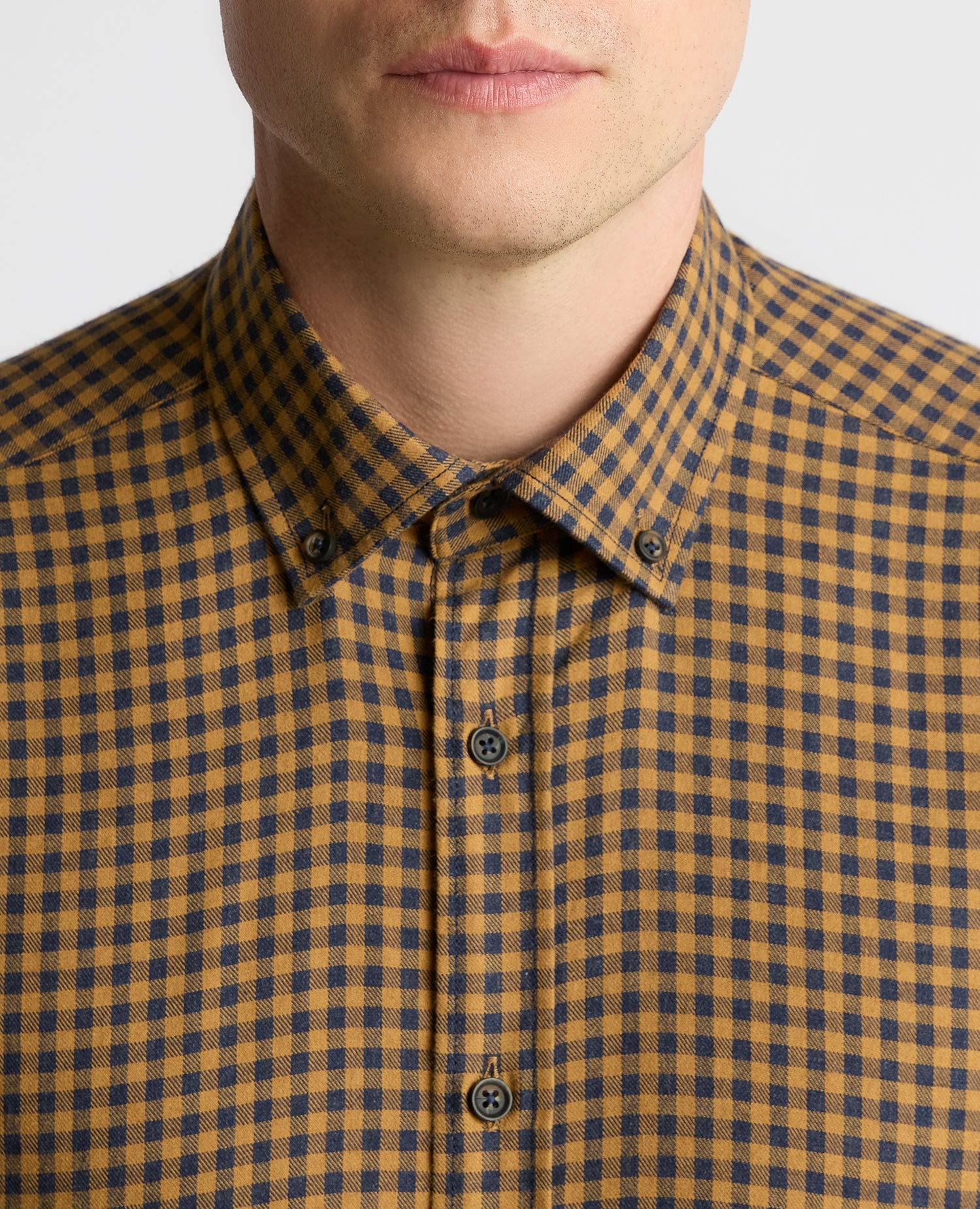 Man wearing a orange Tapered Fit Cotton-Blend Print Shirt
