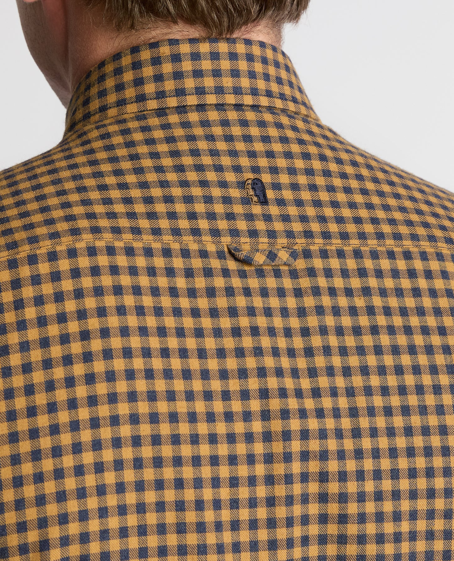Man wearing a orange Tapered Fit Cotton-Blend Print Shirt