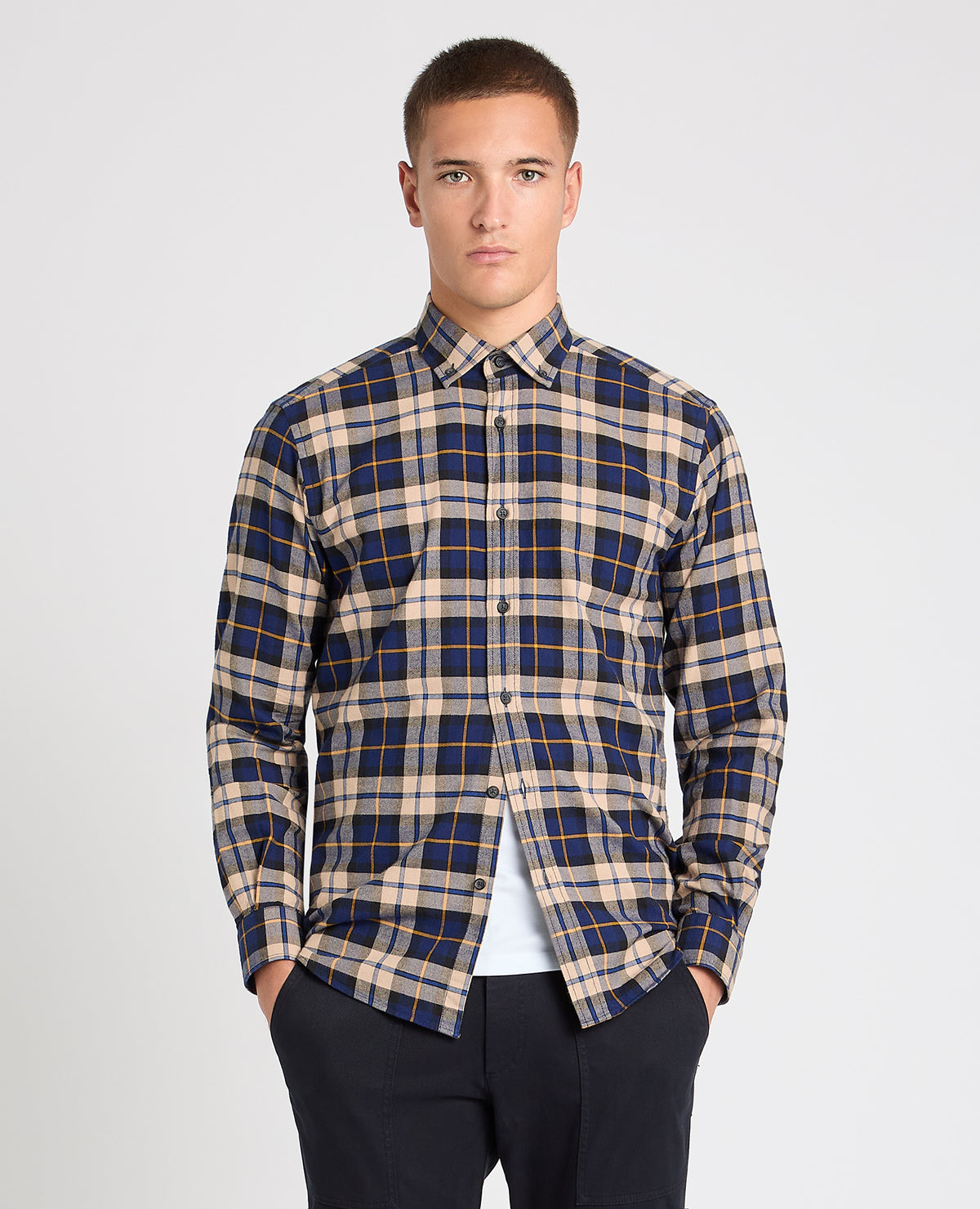 Man wearing a blue casual shirt