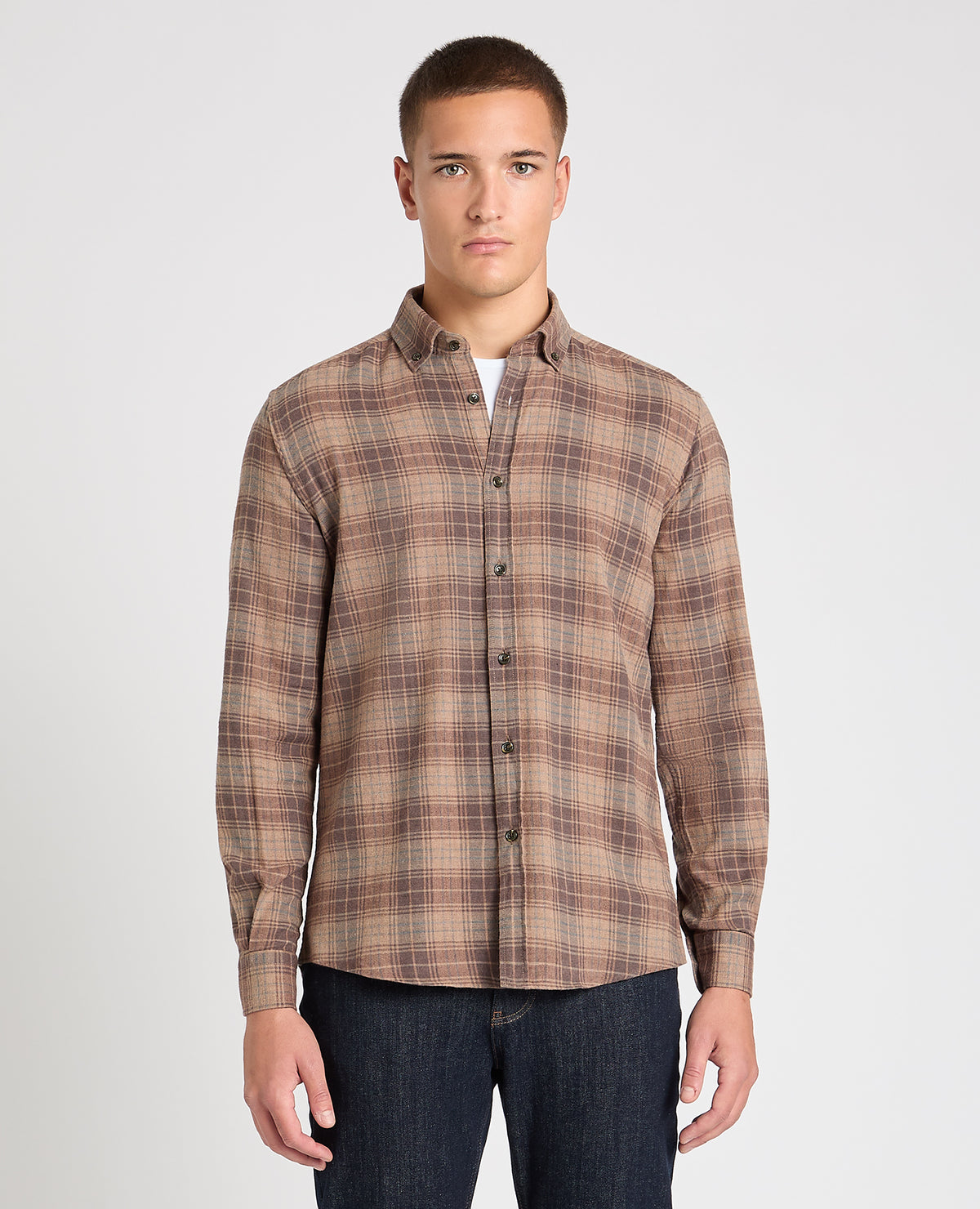 Man wearing a brown casual shirt
