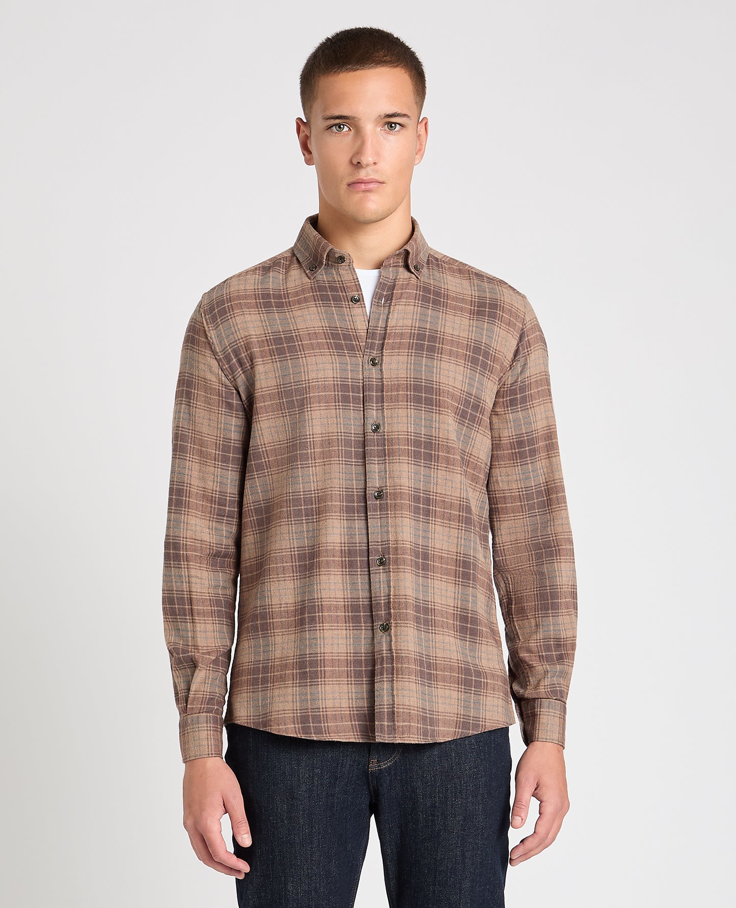 Tapered Fit Brown Check Shirt