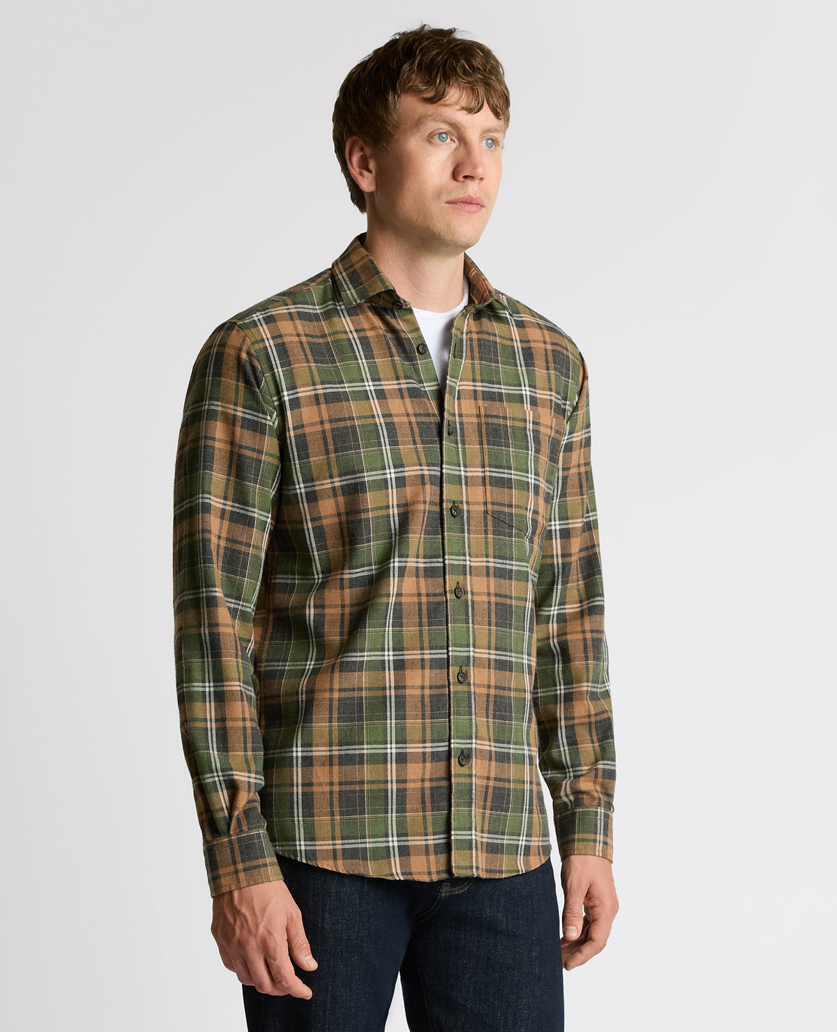 Man wearing a brown Tapered Fit Cotton-Blend Check Shirt