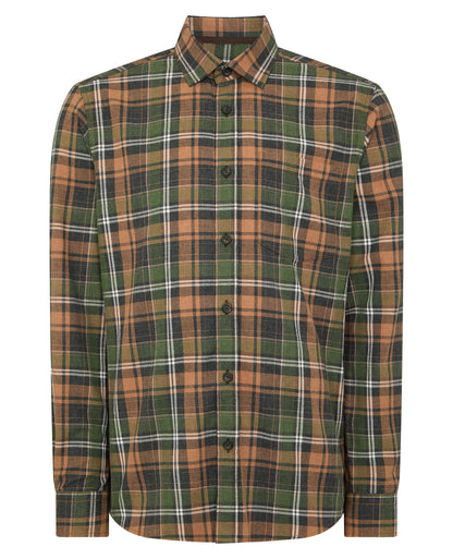 Man wearing a brown Tapered Fit Cotton-Blend Check Shirt