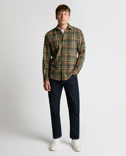 Man wearing a brown Tapered Fit Cotton-Blend Check Shirt