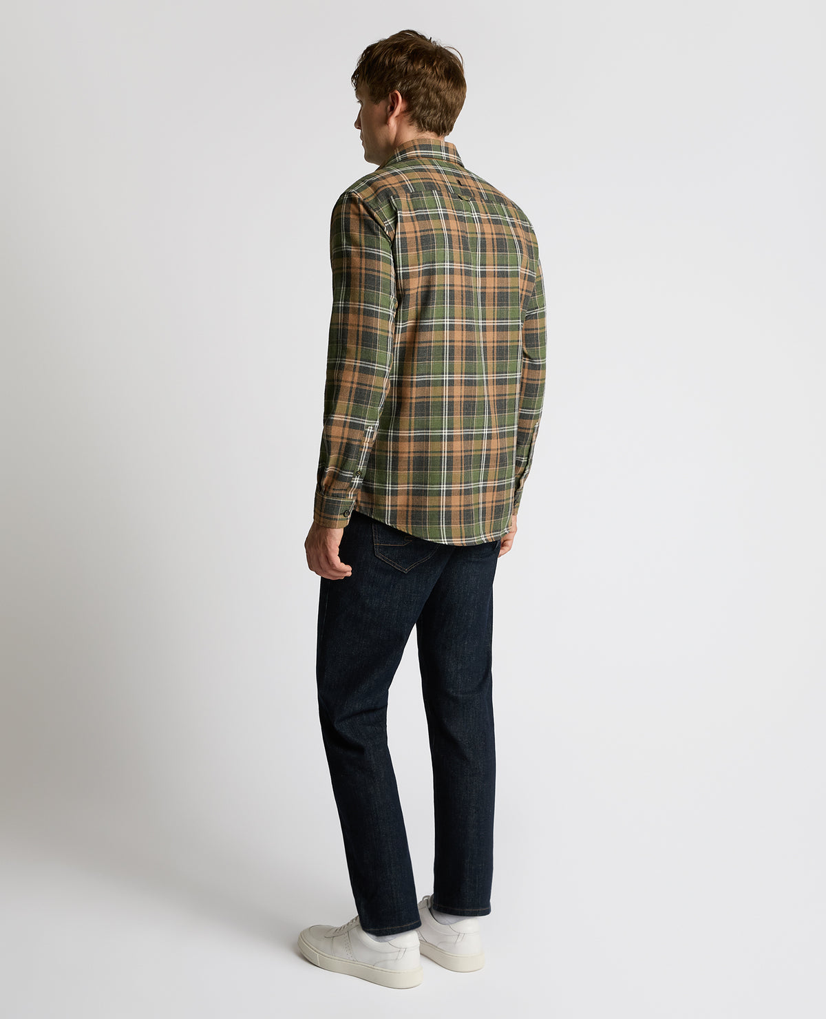 Man wearing a brown Tapered Fit Cotton-Blend Check Shirt