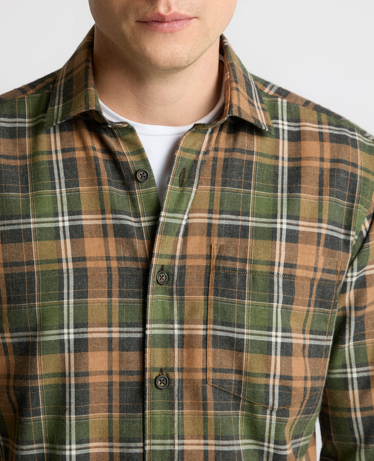 Man wearing a brown Tapered Fit Cotton-Blend Check Shirt