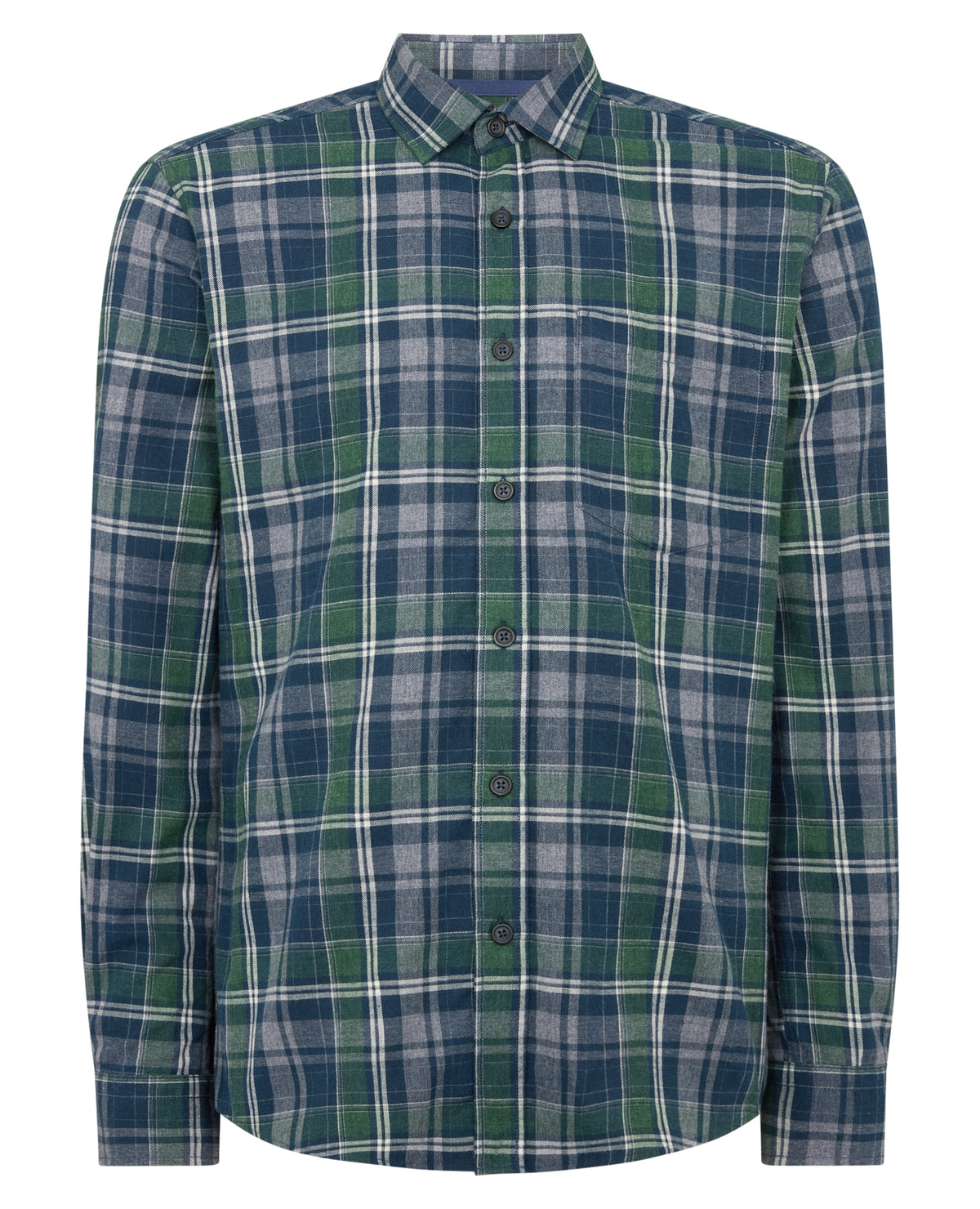 Man wearing a navy Tapered Fit Cotton-Blend Check Shirt