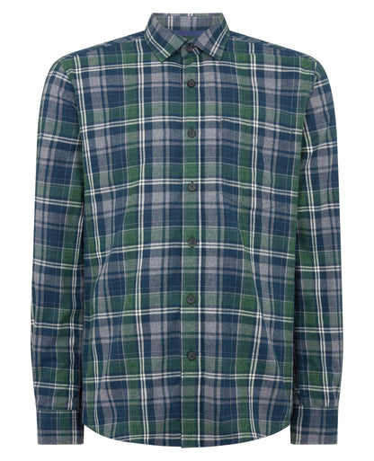 Man wearing a navy Tapered Fit Cotton-Blend Check Shirt