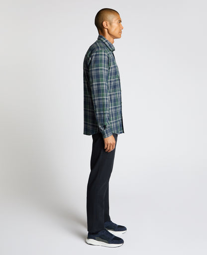 Man wearing a navy Tapered Fit Cotton-Blend Check Shirt