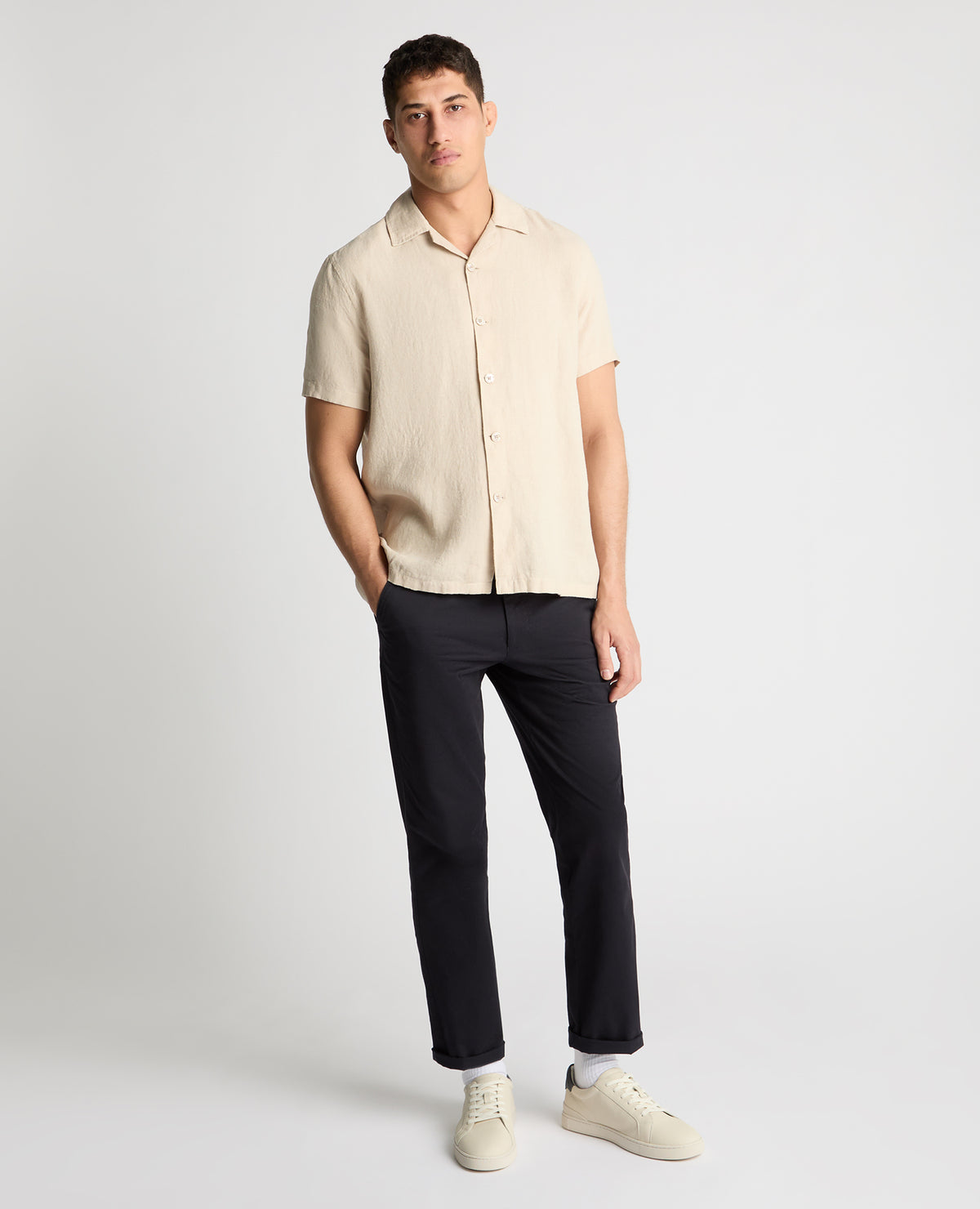 Man wearing a cream casual shirt
