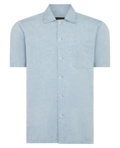 Man wearing a blue casual shirt