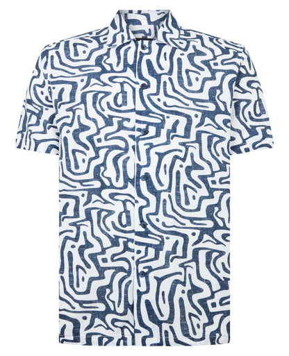Man wearing a white and navy casual shirt
