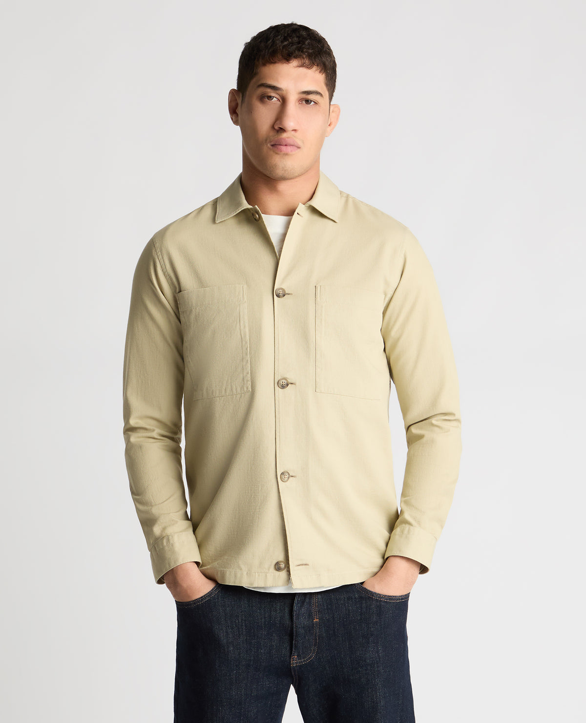 Man wearing a stone casual shirt