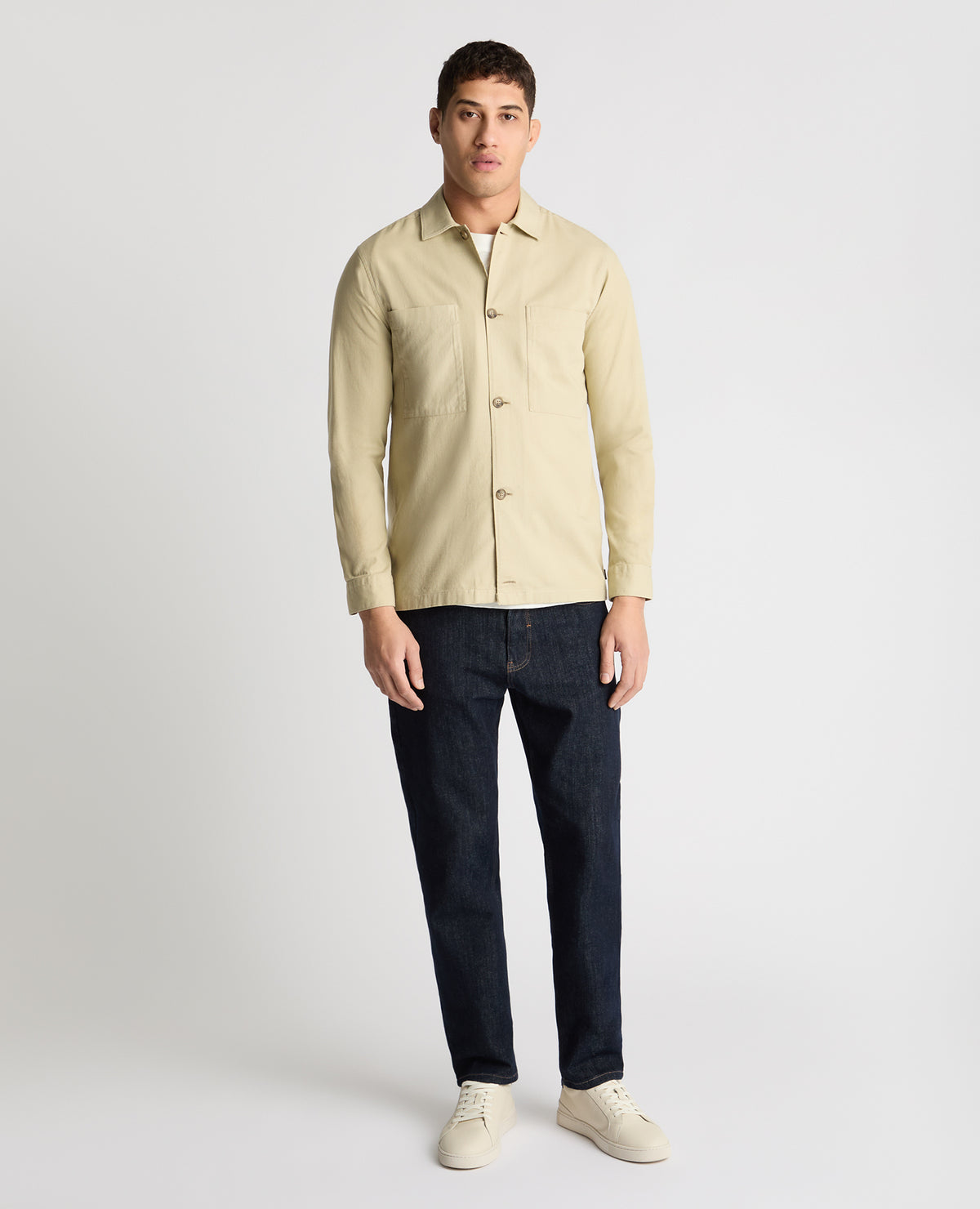 Man wearing a stone casual shirt