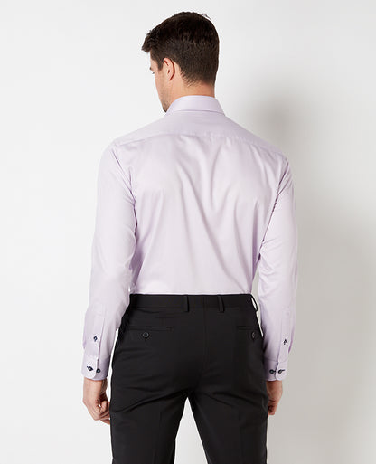 Man wearing a purple Tapered Fit Cotton-Blend Satin Shirt