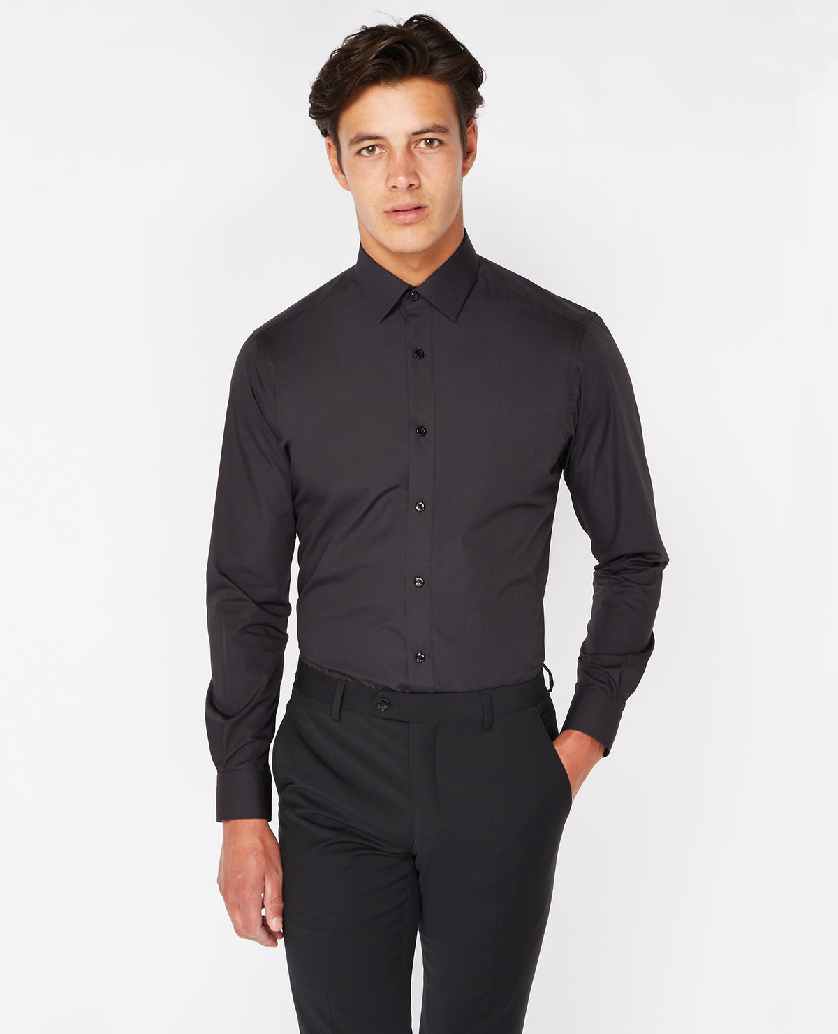 Man wearing a black Tapered Fit Cotton-Blend Shirt