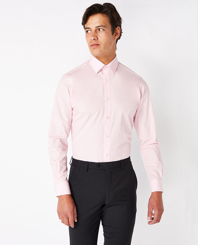 Man wearing a red Tapered Fit Cotton-Blend Shirt