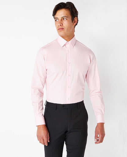 Man wearing a red Tapered Fit Cotton-Blend Shirt