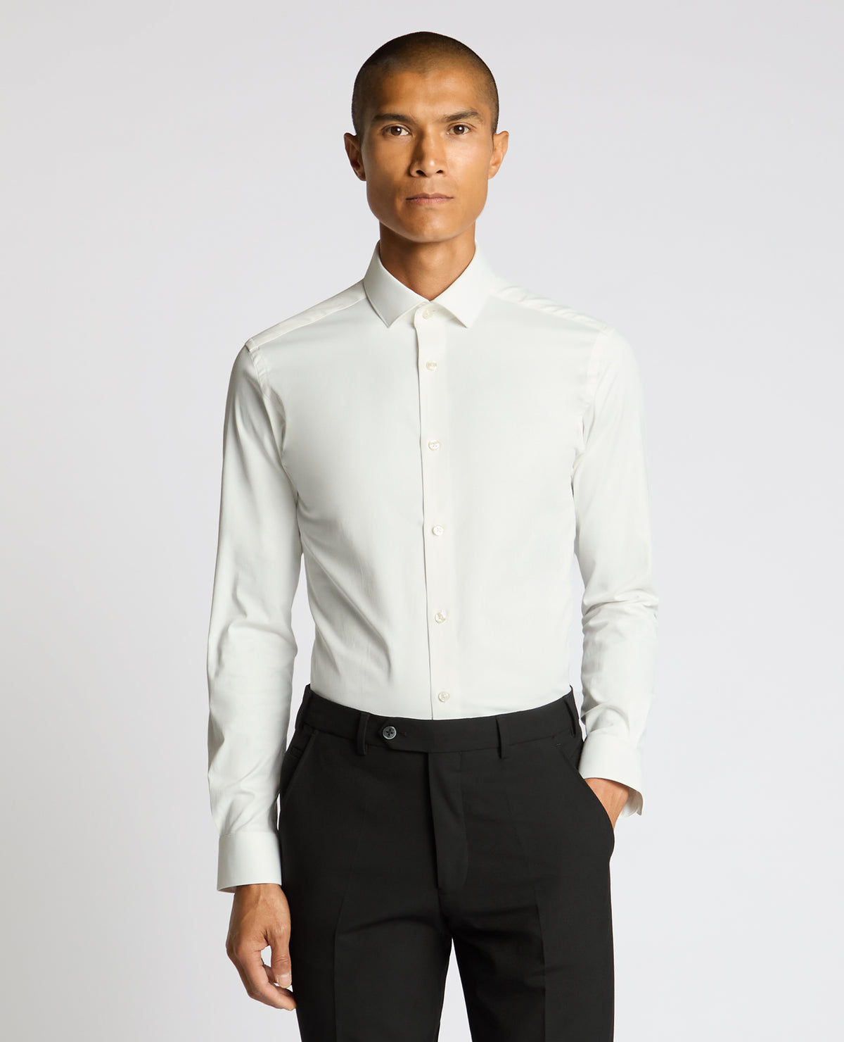 Man wearing a sand Slim Fit Cotton-Blend Shirt