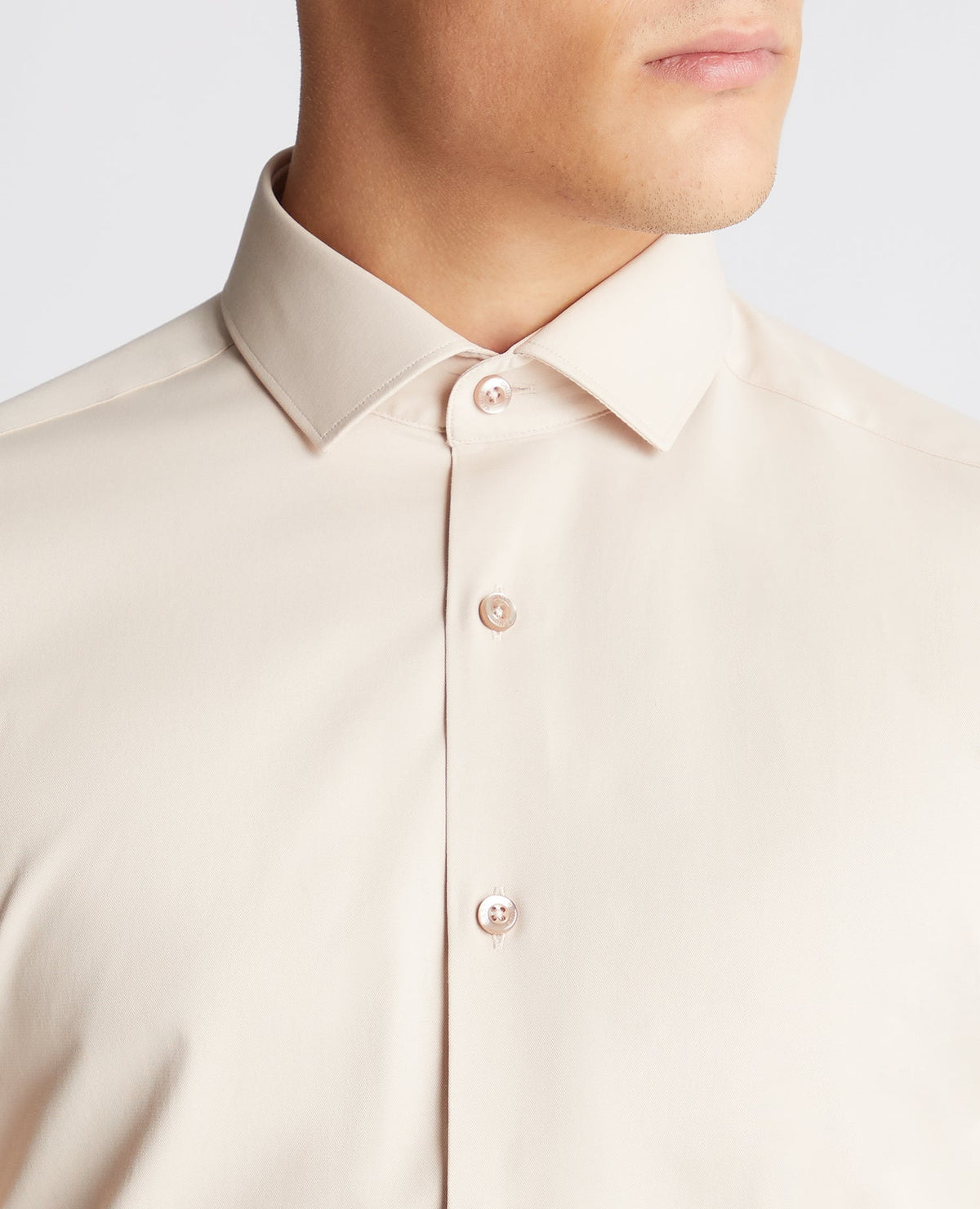 Man wearing a sand Slim Fit Cotton Stretch Shirt