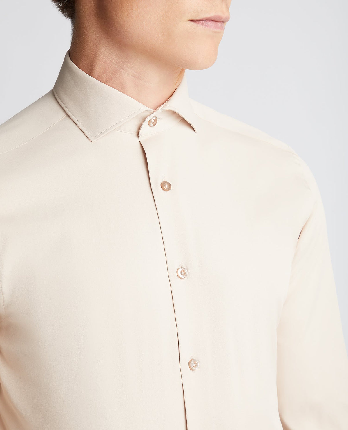 Man wearing a sand Tapered Fit Cotton Stretch Shirt