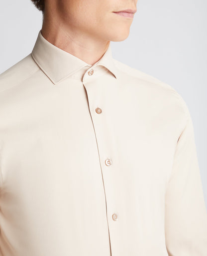 Man wearing a sand Tapered Fit Cotton Stretch Shirt