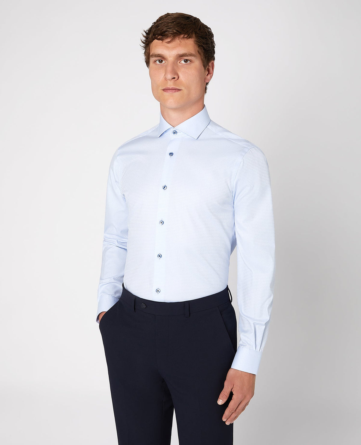 Man wearing a blue Tapered Fit Cotton Shirt