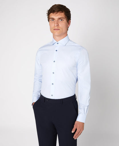 Man wearing a blue Tapered Fit Cotton Shirt