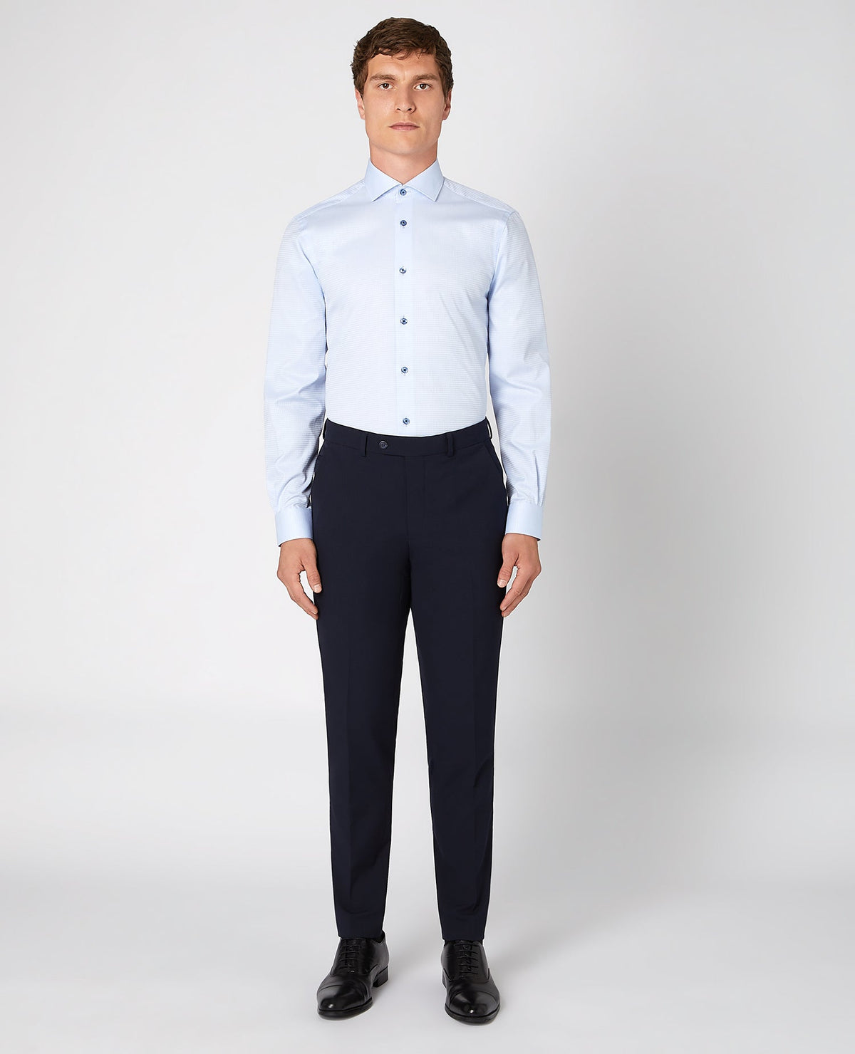 Man wearing a blue Tapered Fit Cotton Shirt