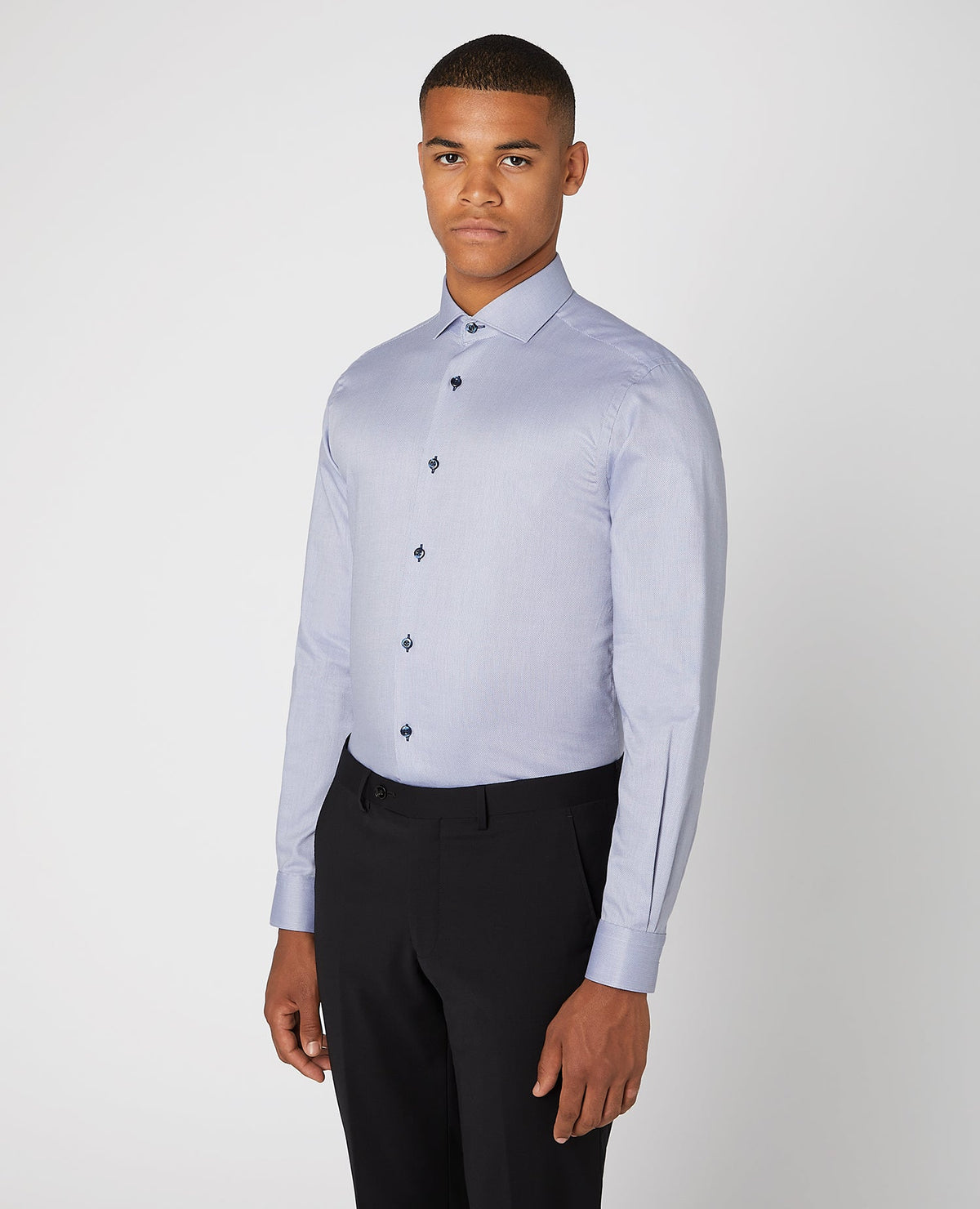 Man wearing a blue Tapered Fit Cotton Shirt
