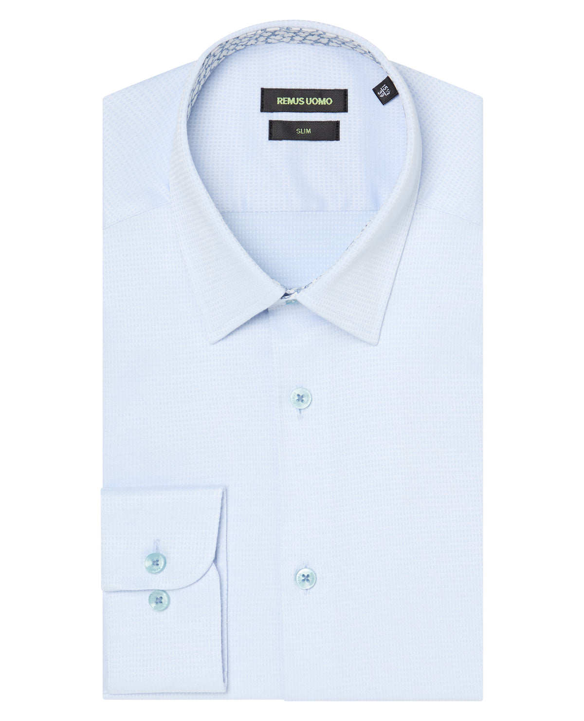 Man wearing a blue Slim Fit Cotton Stretch Jacquard Shirt