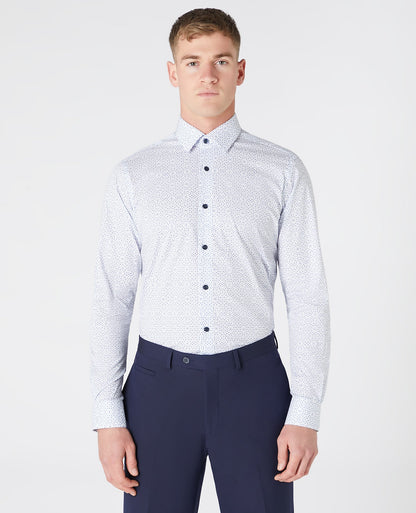 Man wearing a navy Tapered Fit Print Cotton Shirt