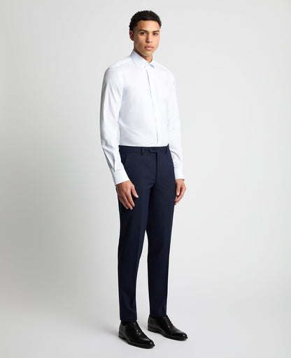 Man wearing a blue Tapered Fit Pinstripe Cotton Shirt