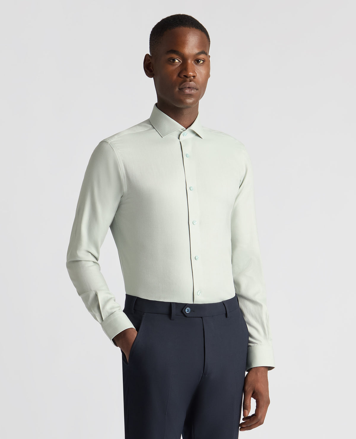 Man wearing a green Slim Fit Cotton Twill Shirt