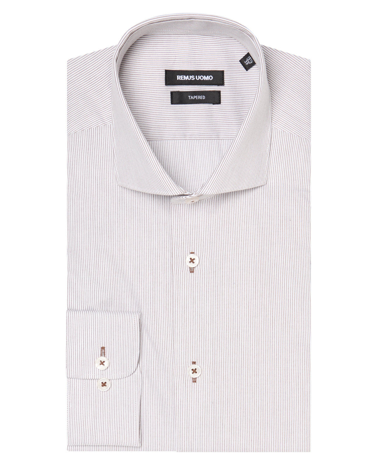 Man wearing a brown Tapered Fit Cotton Stretch Pinstripe Shirt
