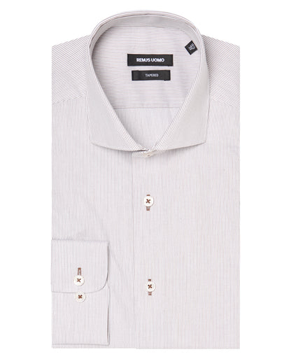 Man wearing a brown Tapered Fit Cotton Stretch Pinstripe Shirt