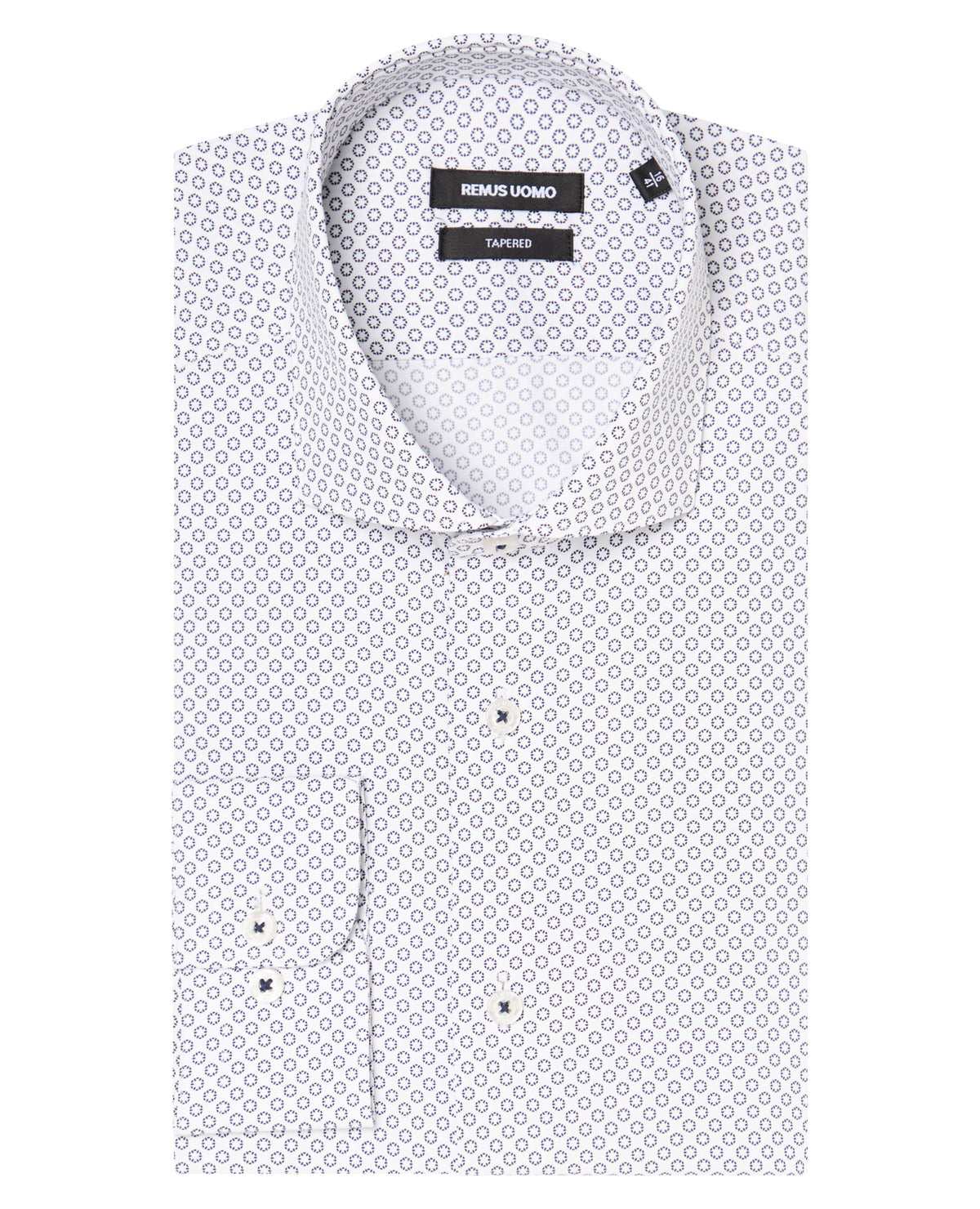 Man wearing a navy Tapered Fit Cotton Stretch Printed Shirt