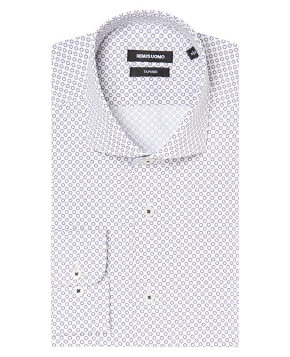 Man wearing a navy Tapered Fit Cotton Stretch Printed Shirt