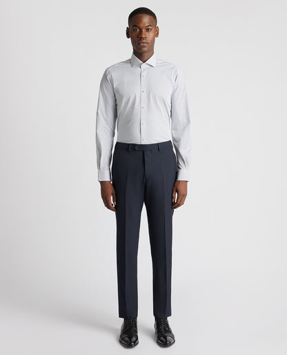 Man wearing a navy Tapered Fit Cotton Stretch Printed Shirt