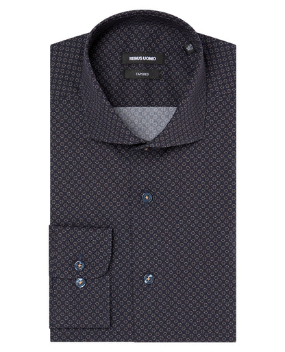 Man wearing a navy Tapered Fit Cotton Stretch Printed Shirt