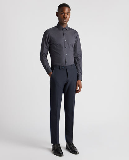 Man wearing a navy Tapered Fit Cotton Stretch Printed Shirt
